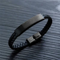 2021 trend leather bracelet men length 210mm fashion stainless steel mens bracelets 2021 black woven rope jewelry