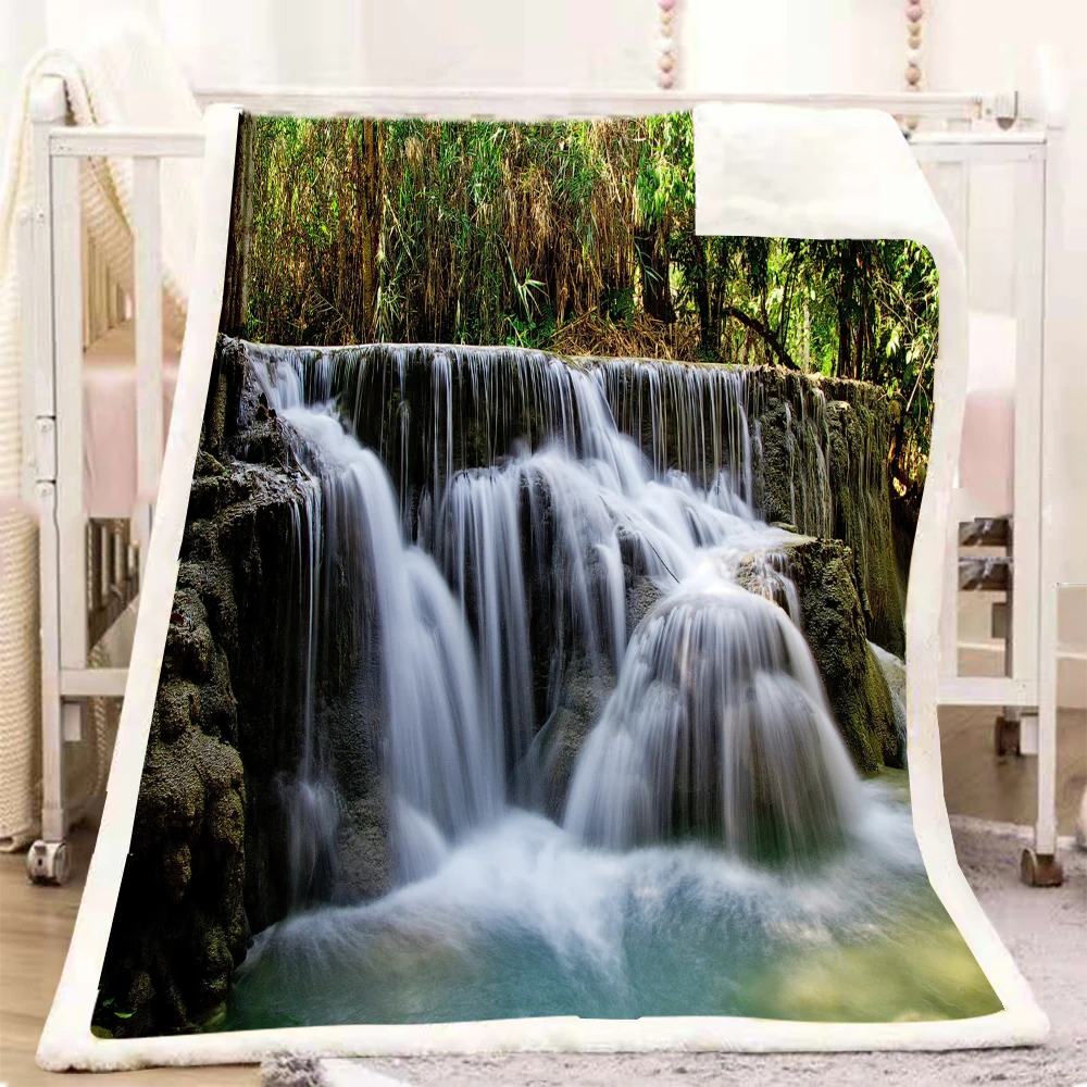 Одеяло из шерпы с принтом водопада плюшевое покрывало мягкое для украшения дома
