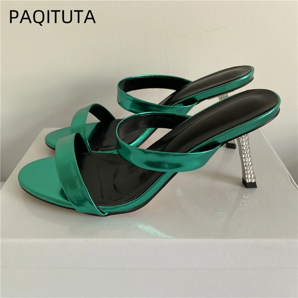 

Sexy Patent Leather Narrow Band Sandals Women Jeweled Diamond Thin High Heel Slingbacks Slim Runway Mules Summer