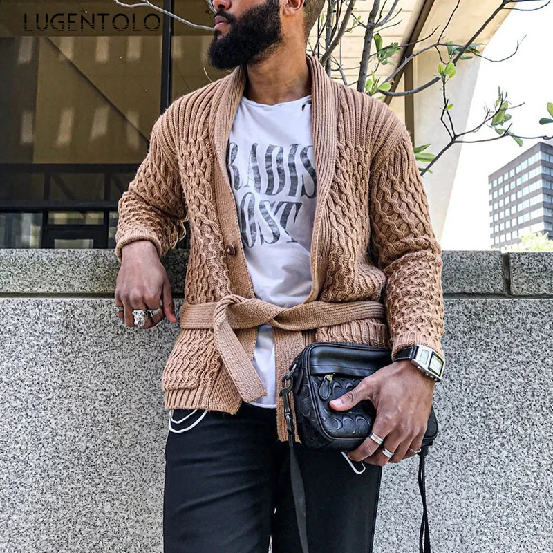 

Мужской вязаный свитер Lugentolo, коричневый Повседневный свободный уличный кардиган с длинными рукавами и отложным воротником, осень