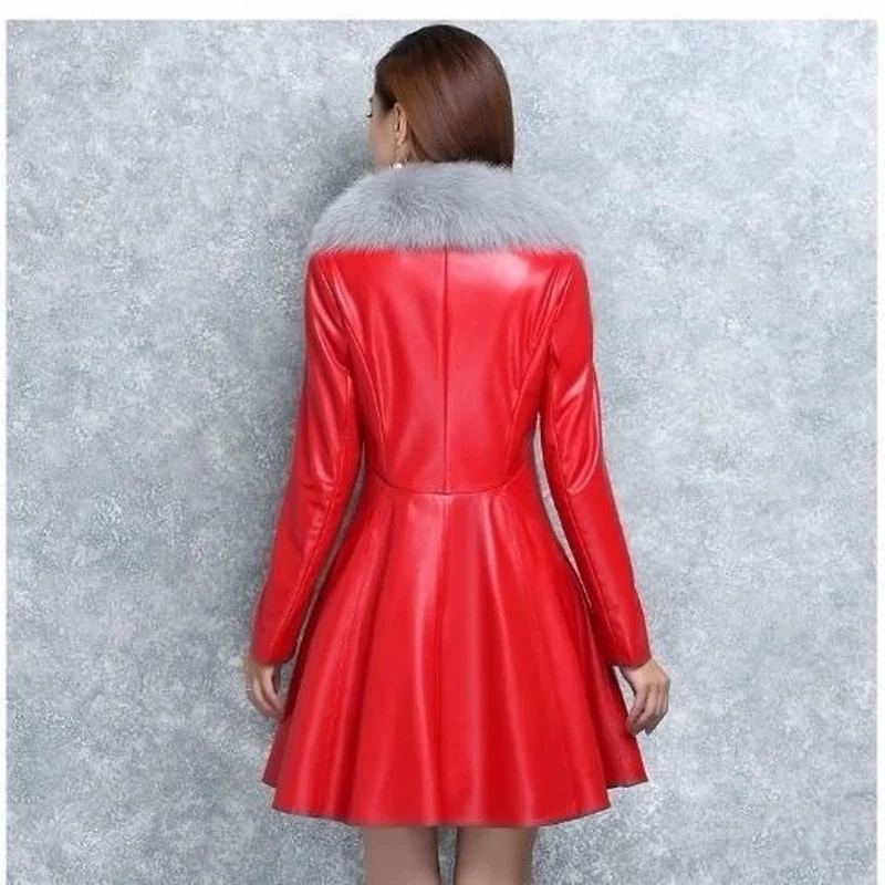 

2021new Style Leather Jacket Women's Mid-length Plus Cotton Jacket Fox Hair Korean Version of Fur Windbreaker Jacket Women