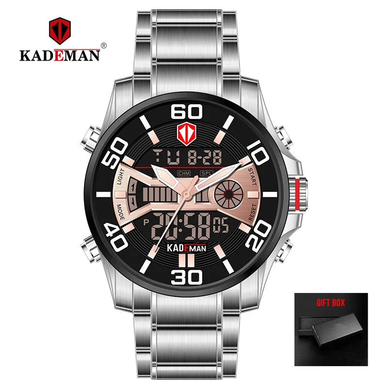 silver brown KADEMAN спортивные цифровые часы с двойным дисплеем Мужские кварцевые часы Лидирующий бренд водонепроницаемые армейские военные полностью Стальные наручные часы Relogio - Цвет: silver brown