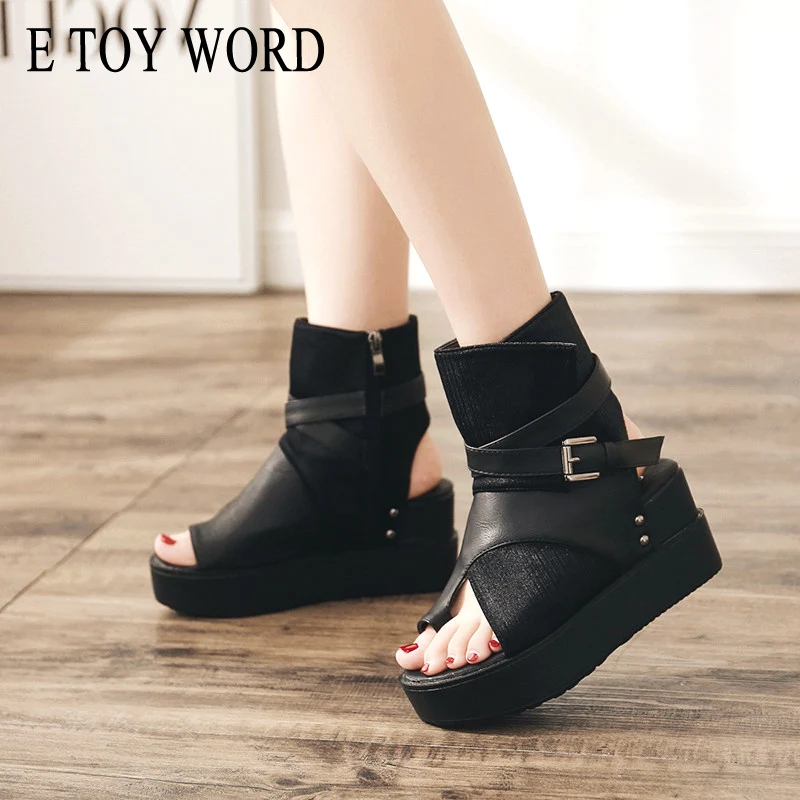 E TOY/черные женские сандалии Обувь на платформе с открытым носком весну лето