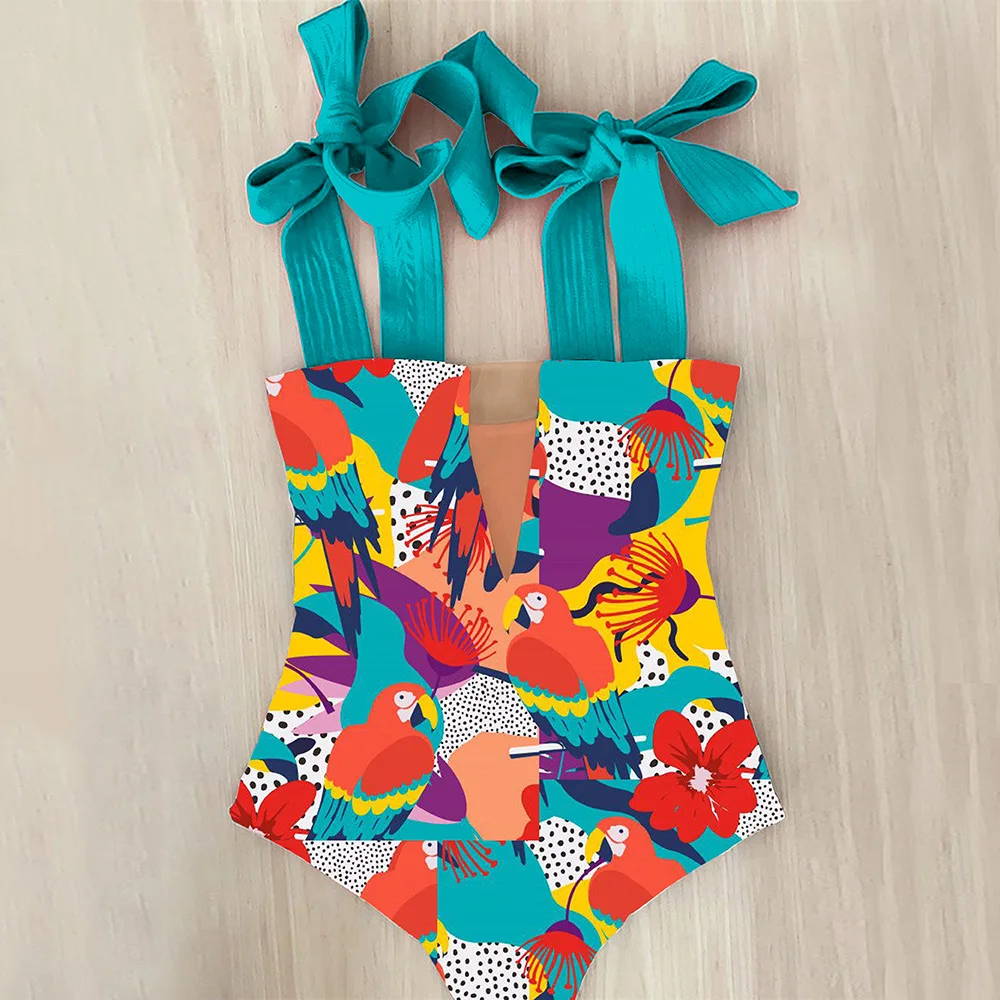 

2021 New Sexy One Piece Swimsuit Shoulder Strappy Swimsuit Heart print Swimwear Women Backless Bathing Suit Beach Wear Monokini