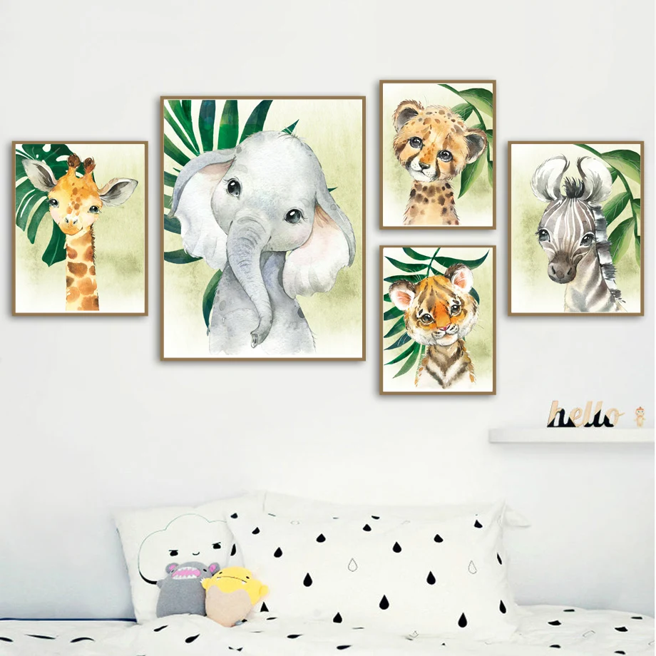 

Funny Little Animals Giraffe Lion Tiger Baby Elephant Picture Poster Nordic Living Room Children's Room Wall Art Canvas Painting