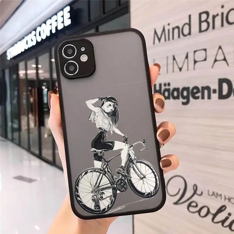 

Phone Case For iPhone 12 11 Mini Pro XR XS Max 7 8 Plus X Cartoon cycling girl Matte transparent cover