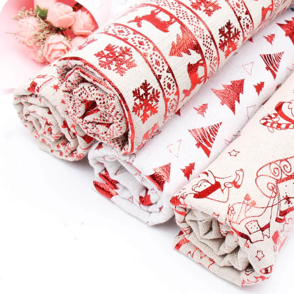 

Christmas Linen Foiled Fabrics Nordic Wind Snowflake Reindeer Fabrics For Clothing Dolls Home Textile Sewing Patchwork 45*150cm