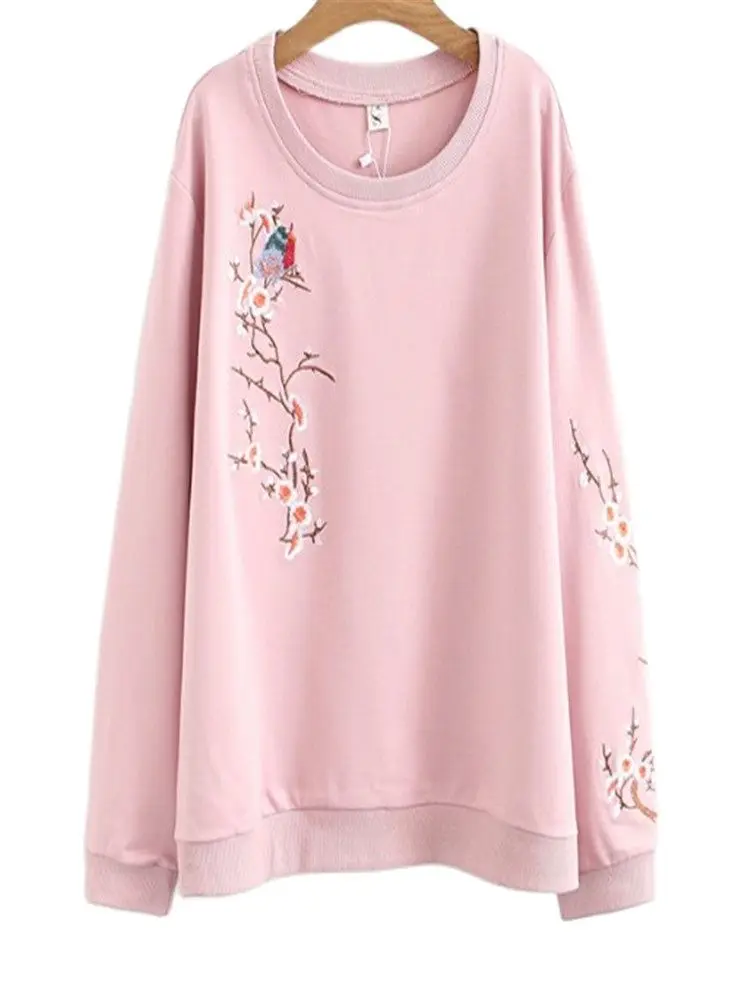 

Plus-size women's autumn new loose-fitting embroidered birdie round neck and long-sleeved hoodie