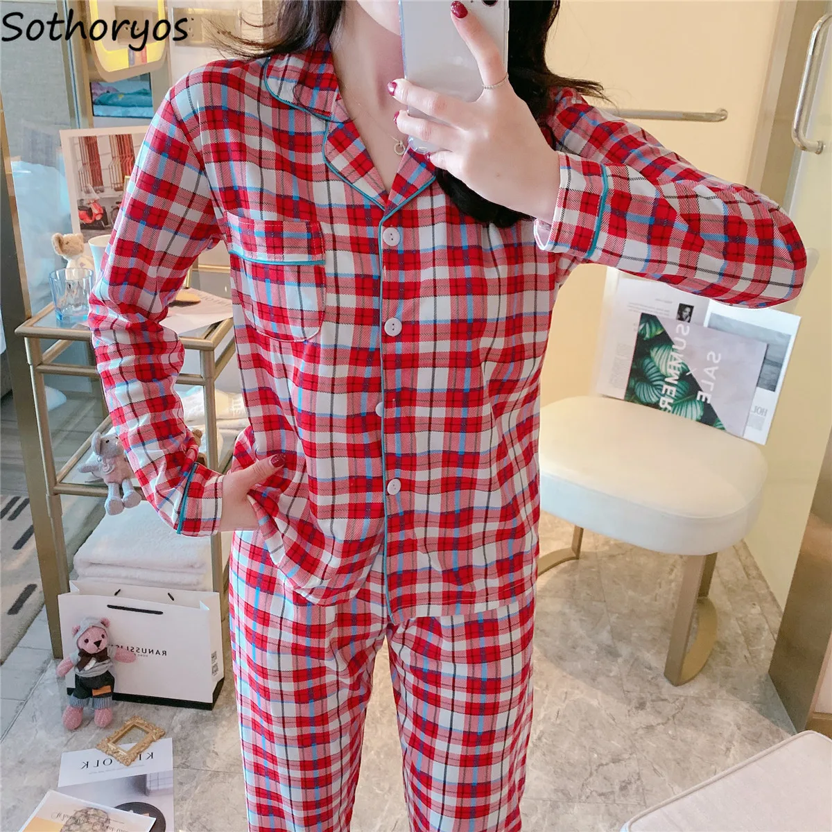 

Pajama Sets Women Plaid Sweet Cute Soft Female All-match Turn-down Collar Korean Style Ins Sleepwear Chic Daily Classic Basic