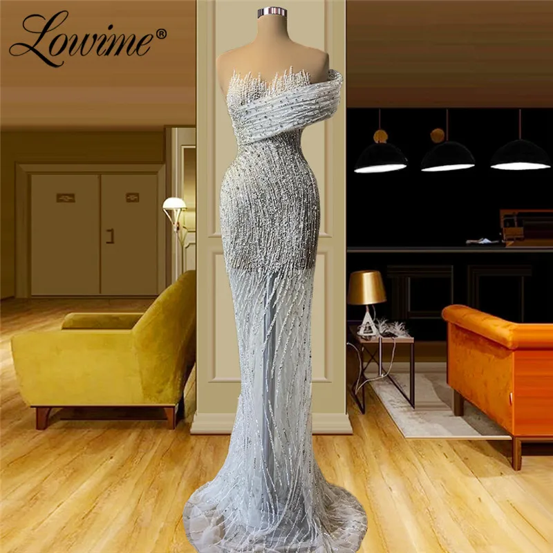

Lowime Luxury Mermaid Beaded Evening Dress 2021 Robes De Soirée Pearls Women Arabic Party Gowns For Wedding Celebrity Prom Dress
