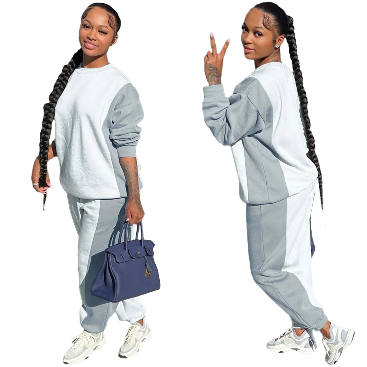 

S-2xl Patchwork Women Set O Neck 2 Pieces Basic Sets Regular Top And Long Pant Suit Lady Matching Suit Wholesale Dropshipping