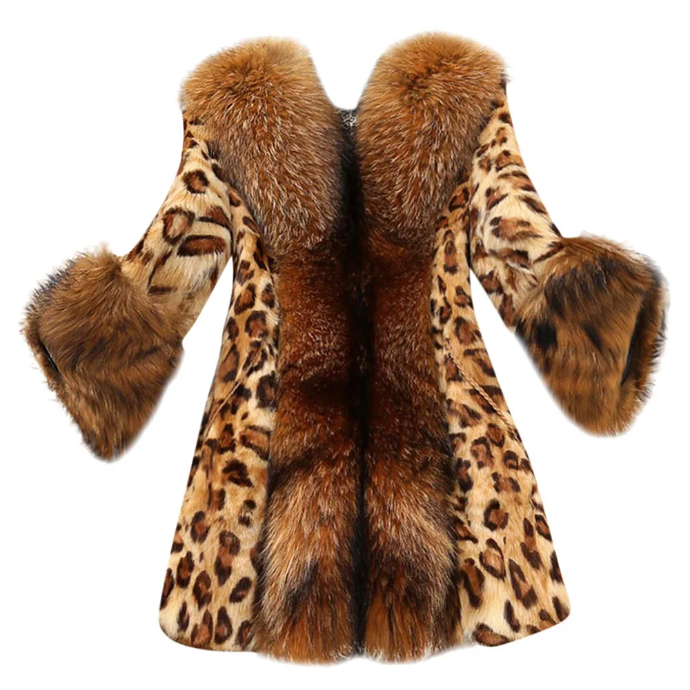 S-5XL Autumn Winter Women Faux Fur Coat Classic Lady Leopard Jacket Coat Fluffy Leopard Patchwork Thick Warm Outerwear