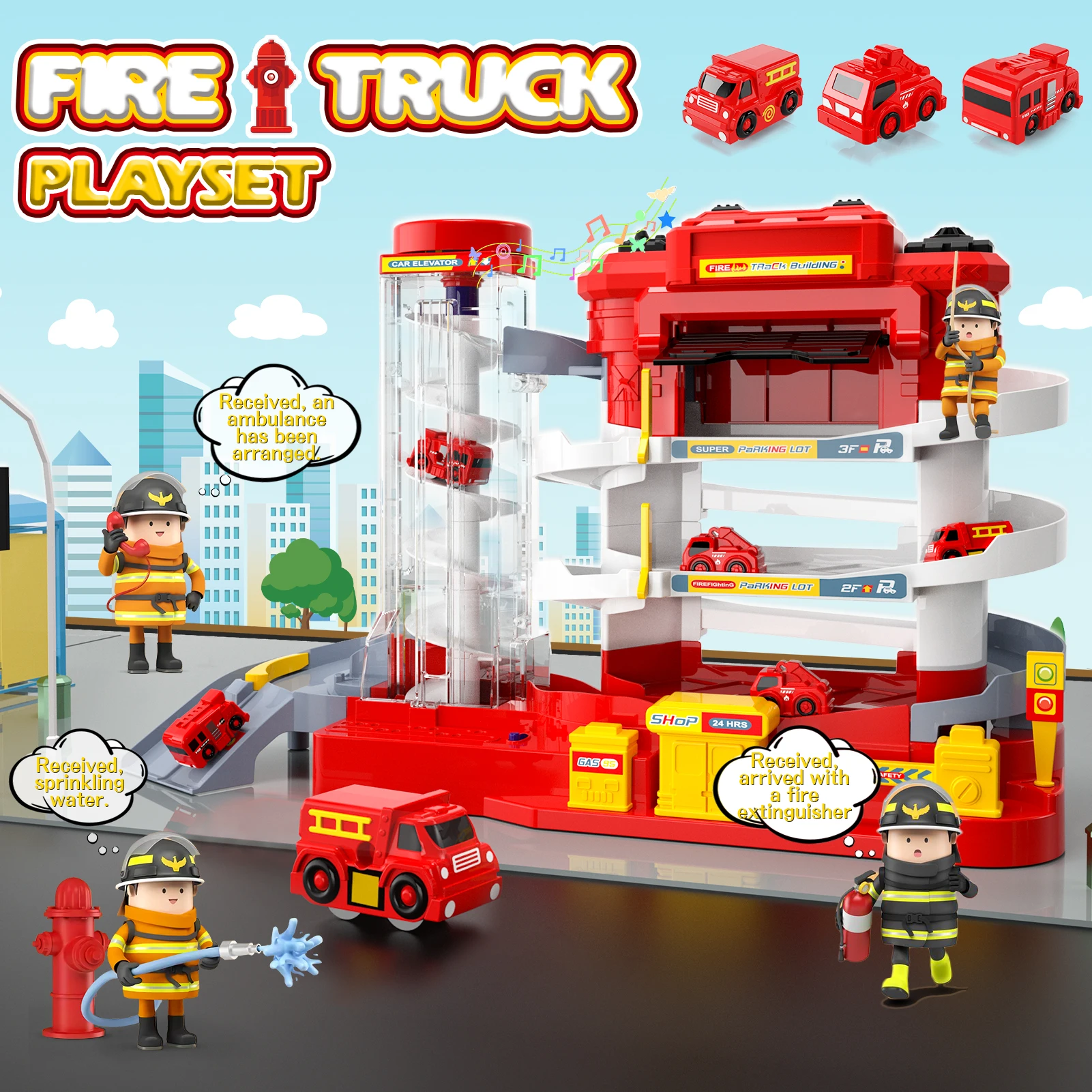 

4-Level Parking Garage Toy Electric Rail Car with Light Sound Automobile Building Fire Truck Race Car Track Set Toy For Children