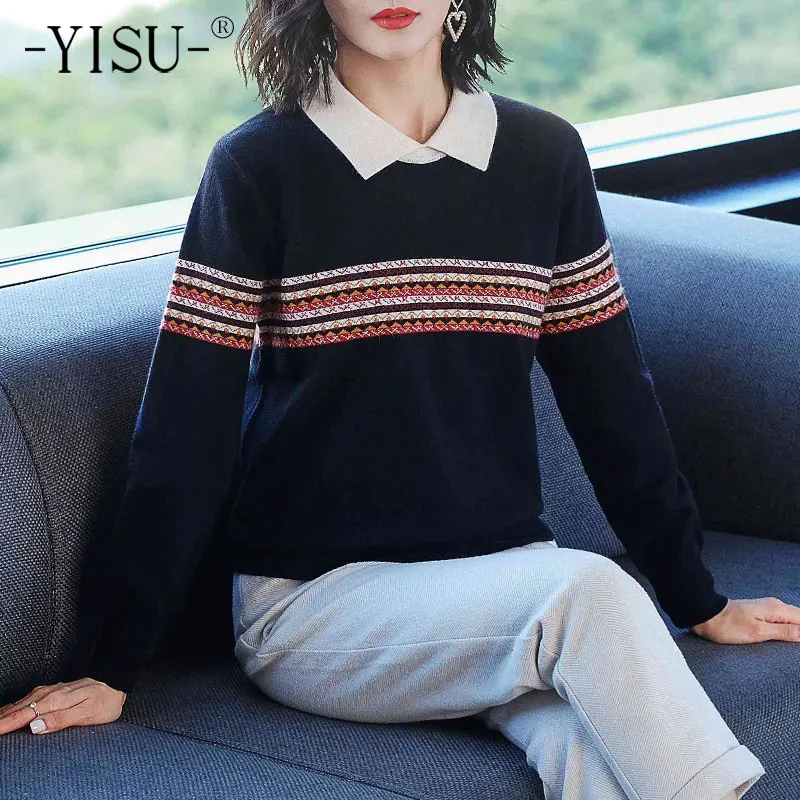 

Женский весенний свитер YISU, однотонный джемпер в колледжском стиле с лацканами и длинным рукавом, женские повседневные весенние топы, вязан...