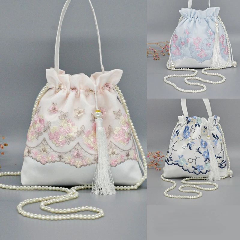 

Lace Embroidery Tassel Design Cospaly Hanfu Accessories Handbag Beaded Style Fairy Manual Canvas Messenger Bag For Girls L955