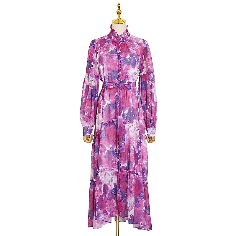 

Chao brand summer new holiday fashion stand collar lantern sleeve waist lace button printed dress