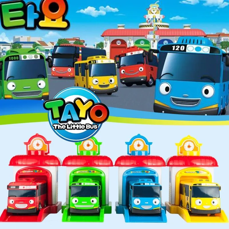 [ Funny ] 4pcs/set Scale model Tayo the little bus children miniature bus baby oyuncak garage tayo bus car vehicles kids toys