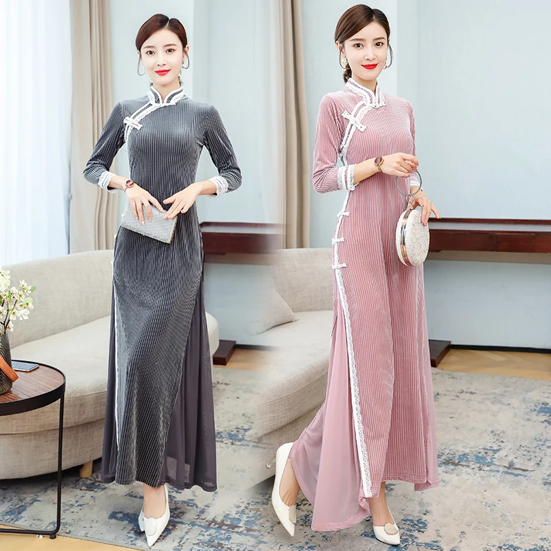 COIGARSAM женское платье осень 2021 Чонсам с длинным рукавом однотонные с воротником-стойкой серые розовые платья Traf Robe Vestidos