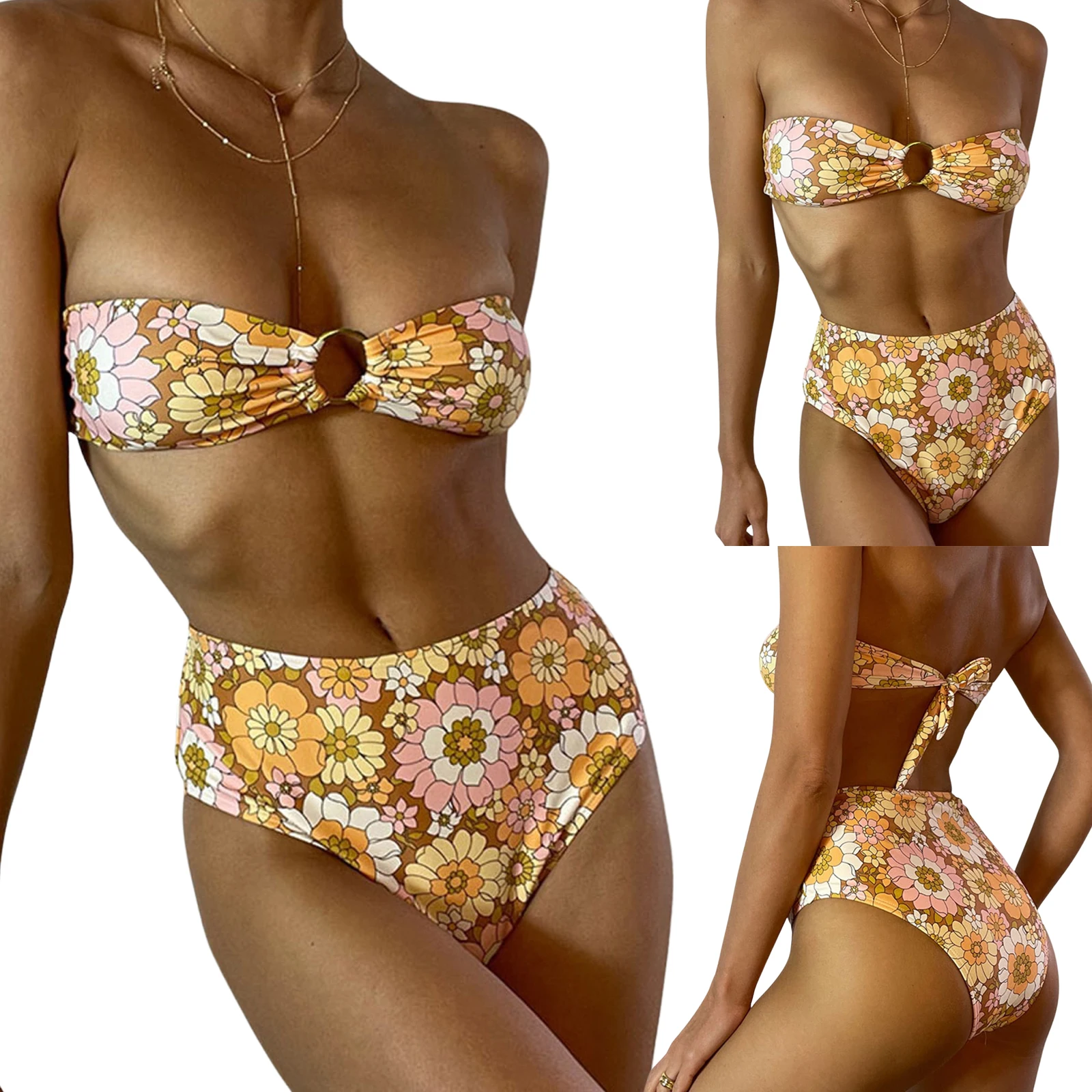

Women's Sexy Two Piece Bikini Suits Fashion Flower Bandage Tube Tops and Stretch High Waist Thong
