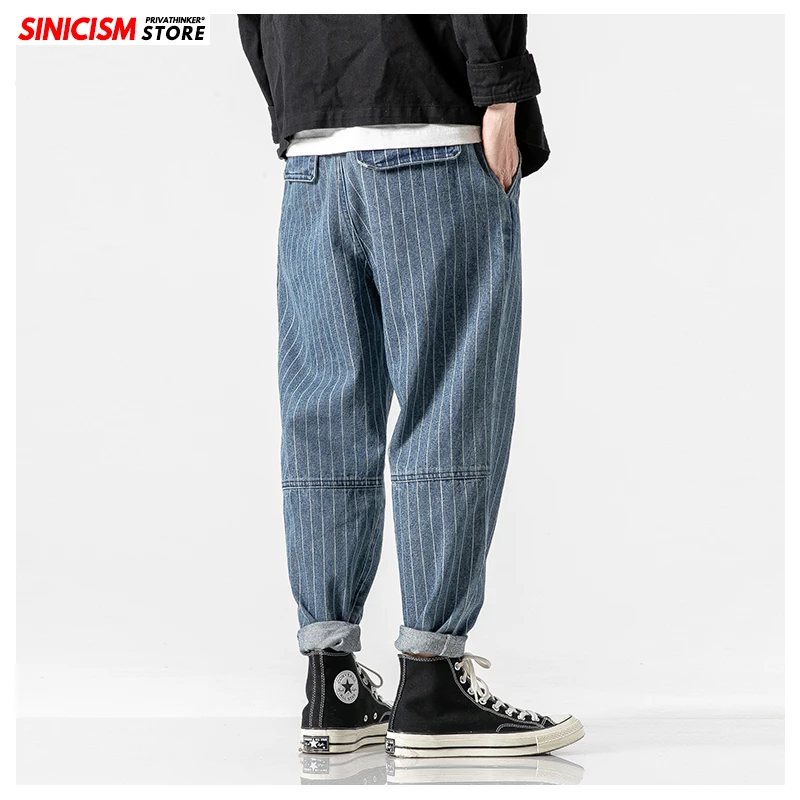 Blue(AsianSize) Sinicism мужские уличная свободные джинсы мужские Осень-Зима в полоску оверсайз мужские брюки-шаровары модные джинсы с карманами - Цвет: Blue(AsianSize)
