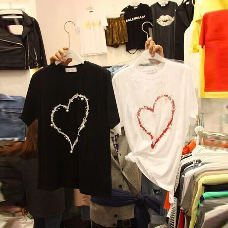 Футболка женская с бисером и принтом свободная Однотонная футболка в Корейском