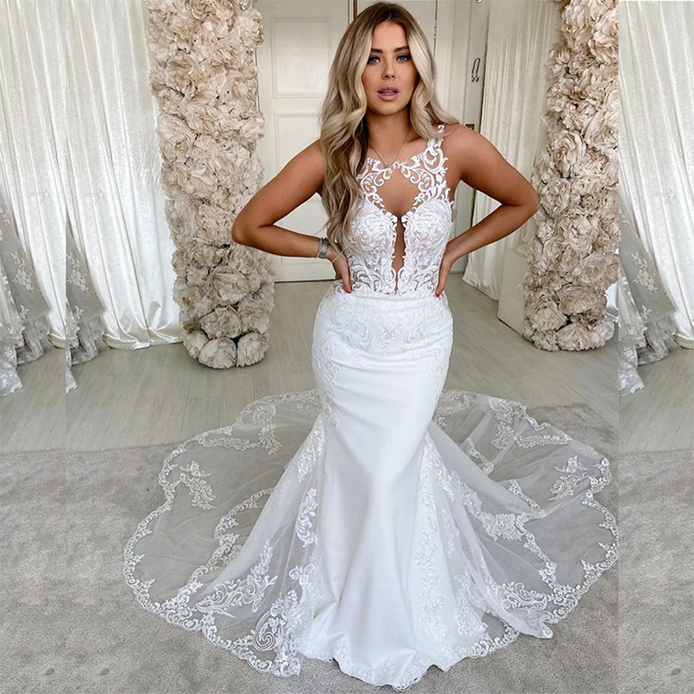 

Eightale Elegant Mermaid Lace Wedding Dresses Illusion Scoop Neckline Wedding Gown Sexy Backless Bridal Dress vestido de noiva