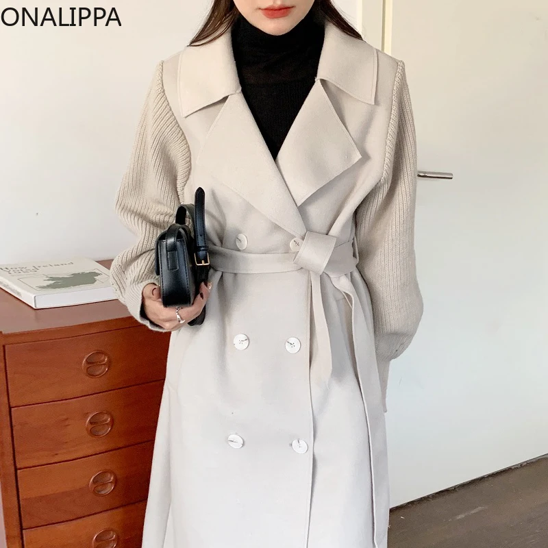 

Onalippa Women 2021 Autumn Winter Elegant Temperament Lapel Sweater Sleeve Stitching Design Lace-Up Double-Breasted Woolen Coat