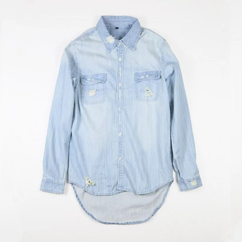 Демисезонная Мужская джинсовая рубашка с длинным рукавом рваными дырками и