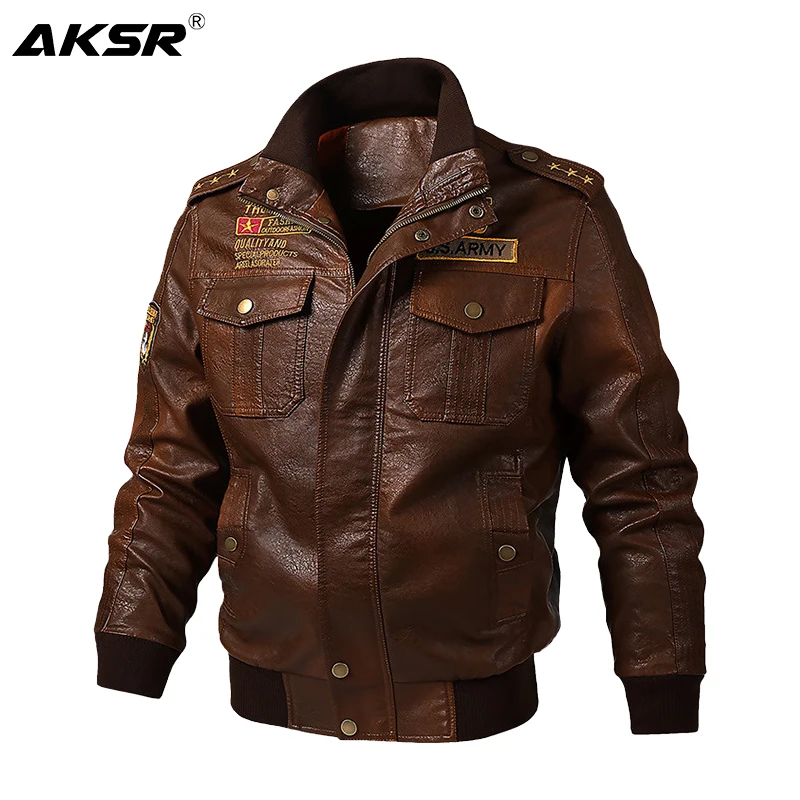 Мужская осенне зимняя кожаная куртка AKSR ВВС бархатная Толстая теплая
