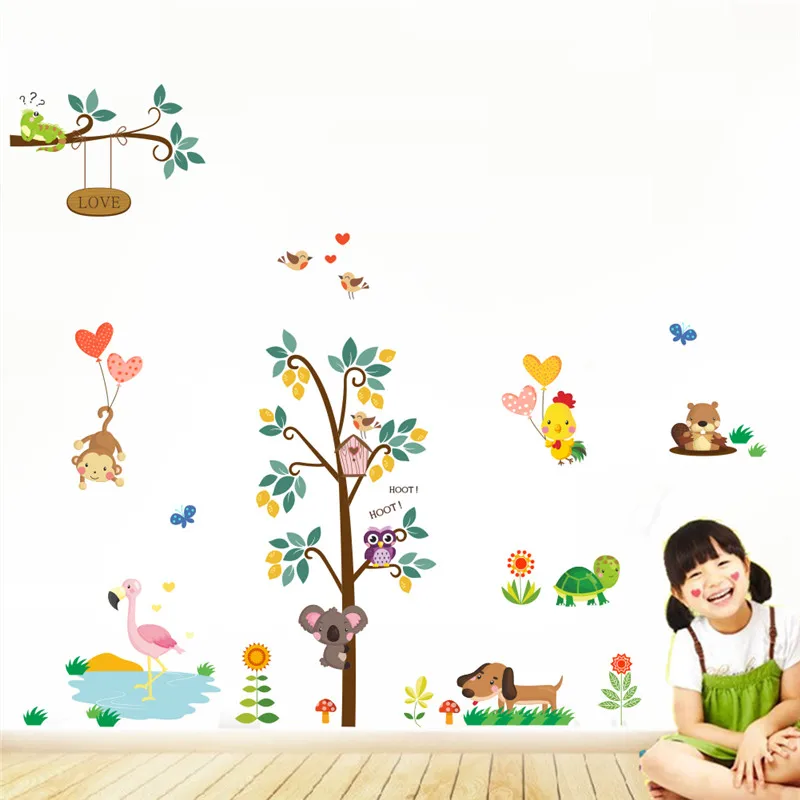 

Owls Monkey Dog Flamingo Animal Tree Wall Sticker For Kindergarten Kids Room Home Decorations Cartoon Safari Zoo Mural Art Decal