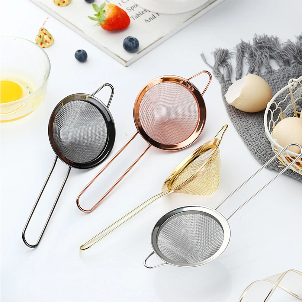 

Stainless Steel Kitchen Handheld Screen Mesh Strainer Rose Gold Flour Sieve Cooking Oil Strainer Colander Kitchen Accessories