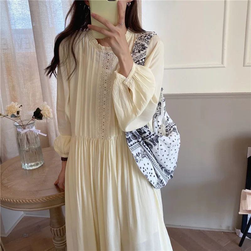 

Autumn loose long dress women korean chic temperament hollow lace patchwork women's dresses ruffled collar pleated midi vestidos
