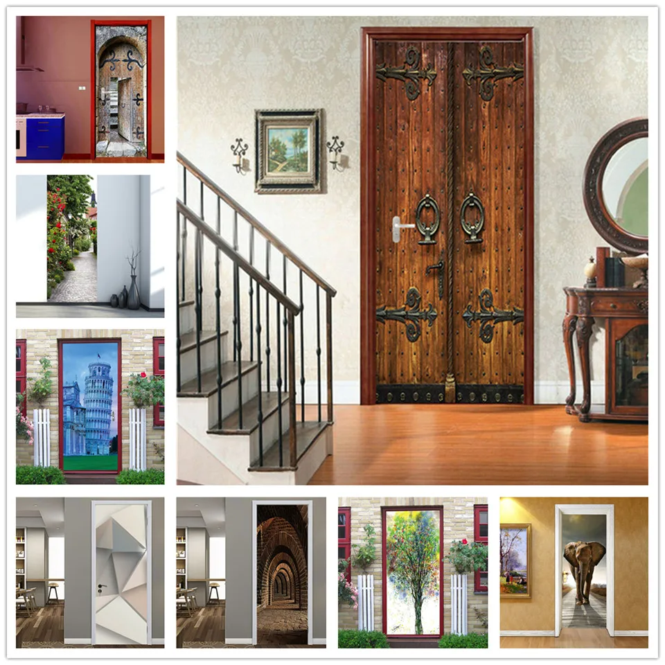 Виниловые водостойкие наклейки на двери в стиле ретро под дерево|Дверные