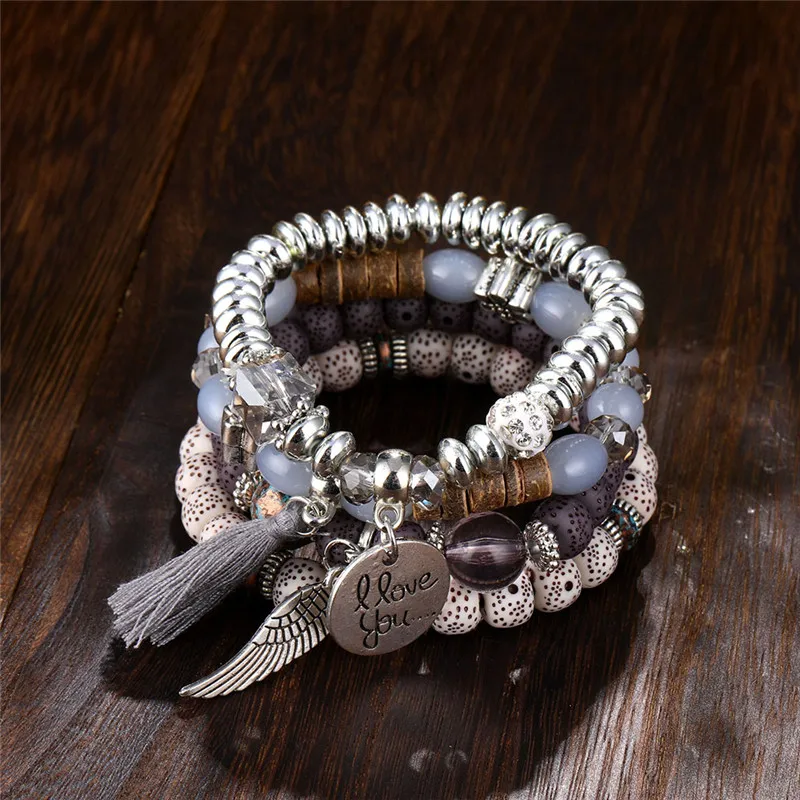 Женский браслет с бусинами и кисточками комплект из браслета кольца кристаллами