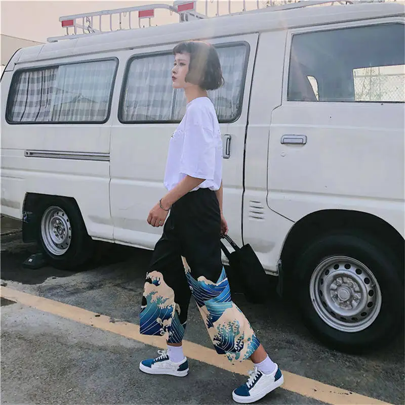 

Ulzzang Casual Pants 2020 Summer Japanese Harajuku Leisure Loose Trousers Woman Cartoon Printed Wide Leg Pants