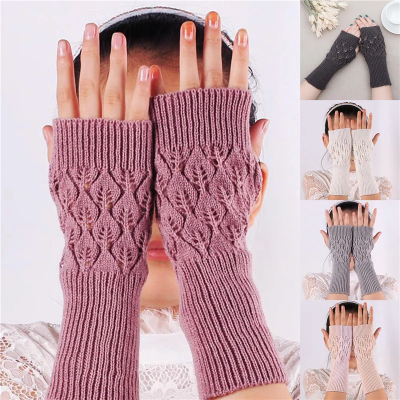 

Зимние теплые трикотажные перчатки без пальцев для женщин, акриловые эластичные рукавицы на полпальца, вязаные крючком искусственные перч...
