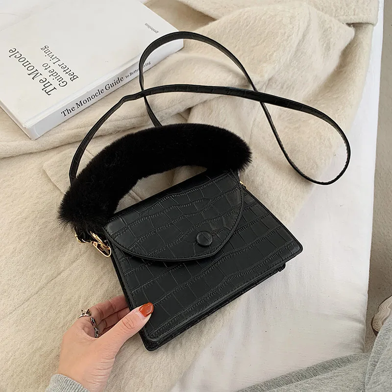 

Plush handle ladies bag 2020 winter new shoulder bag ladies solid color PU messenger bag fashion small bag mobile phone bag