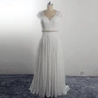 RSW1599 реальные фотографии с рукавами-крылышками, Кристальный пояс, v-образный вырез, заниженная талия, кружевное шифоновое свадебное платье, Пляжное