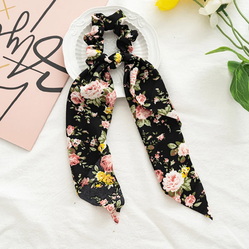 

Fashion Rose Print Bow Satin Long Ribbon Ponytail Scarf Hair Tie Scrunchies Women Girls Elastic Hair Bands Hair Accessories