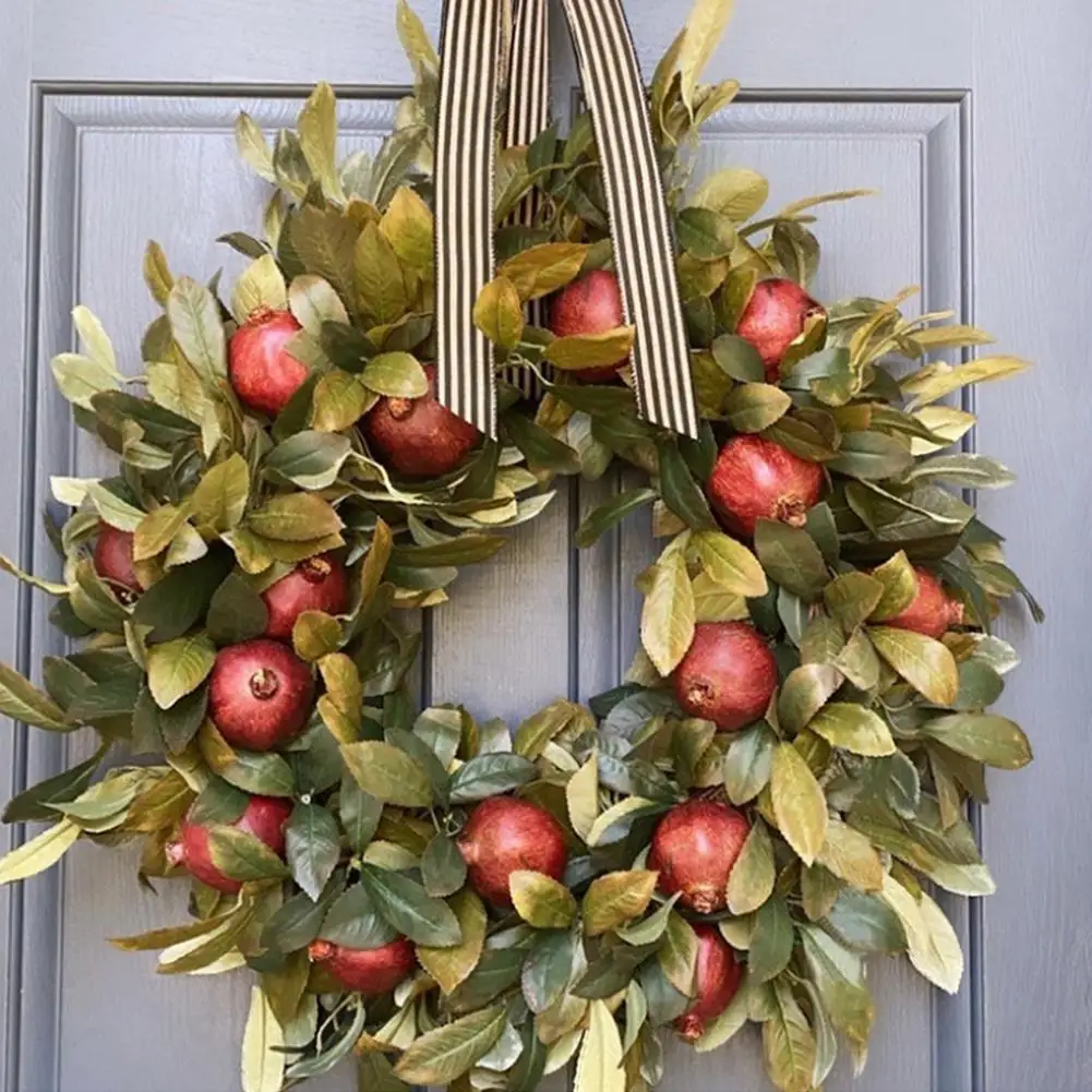 

Осенний венок 45 см, искусственные зеленые растения, гранат, фрукты, дверной висячий венок, Рождественское украшение на День Благодарения