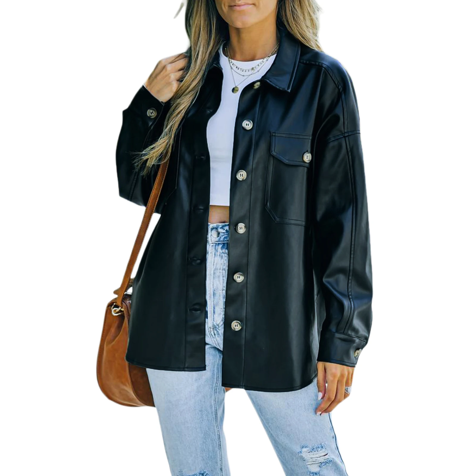 

Женская рубашка-пиджак из искусственной кожи, с отворотом и длинным рукавом