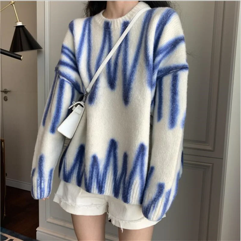 

Elegant Green Striped Print Oversized Pullovers Women Winter O-Neck Loose Long Sweaters Streetwear Warm Outerwear 8 Colors