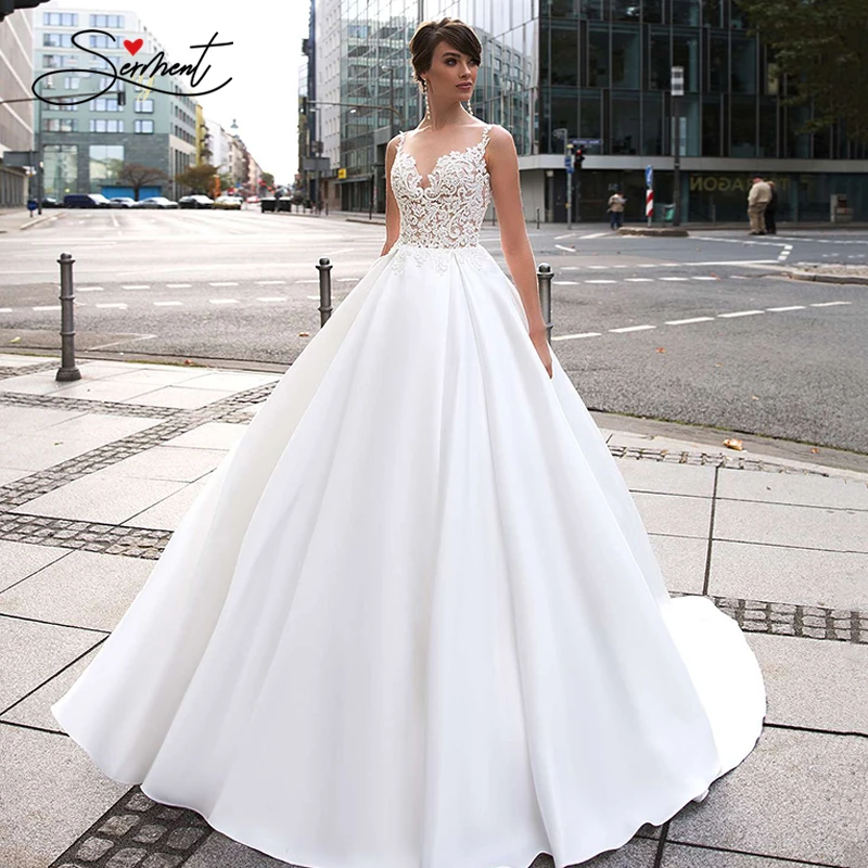 

BAZIIINGAAA роскошное свадебное платье без рукавов с v-образным вырезом и открытой спиной, атласное свадебное платье, сексуальные тонкие бретель...