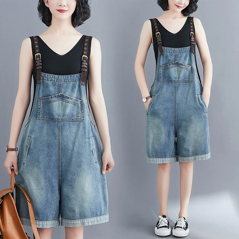 #1513 Denim Overalls Women Summer 2020 Korean Fashion Women Playsuit Jumpsuit Spaghetti Loose Plus Size Wide Leg Jumpsuit Short