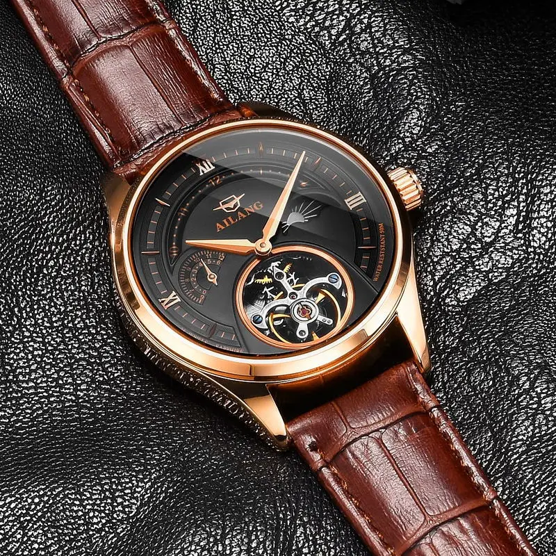 AILANG 2022 New Fashion Leather Waterproof Business Relogio Masculino Automatic Mechanical Tourbillon Hollow Mens Watches 8607B