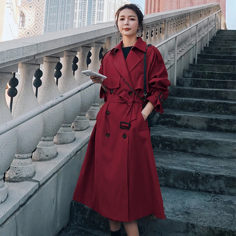 Women Trench Coat Top 2021 Autumn Elegant Casual Loose Solid Mid-Length Windbreaker Korean Double Breasted Belted Overcoat Coat