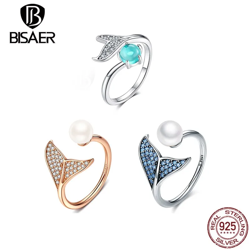 

BISAER 925 Sterling Silver Female Mermaid Tail Adjustable Finger Rings for Women Wedding Engagement Fine Jewelry Gift GXR286