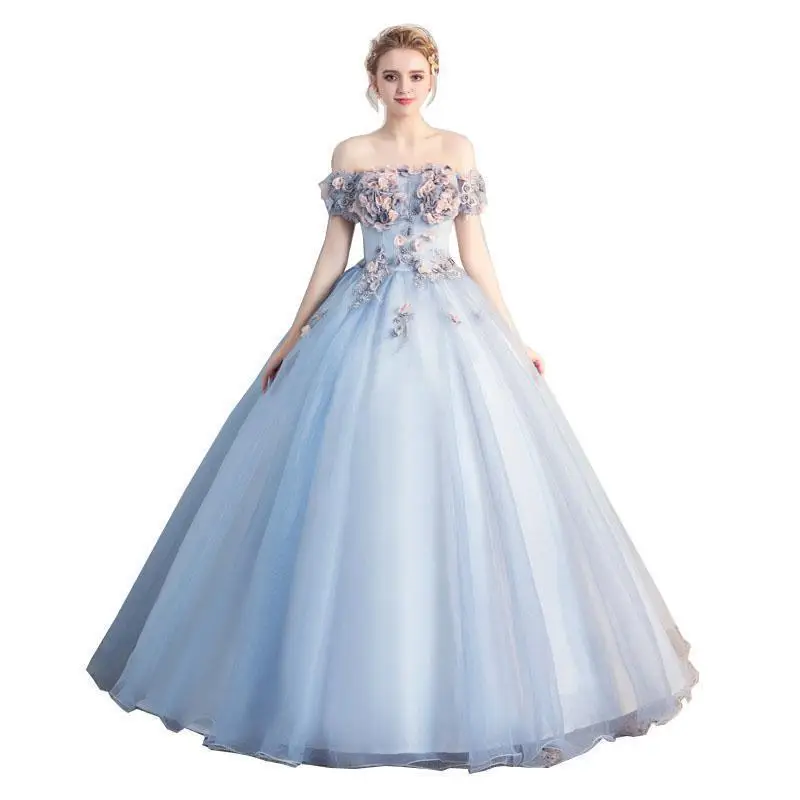 

Robe De Soiree 2021 New The Elegant Short Sleeve Off Shoulder Classic Stereo Flower Ball Gown Quinceanera Dresses F