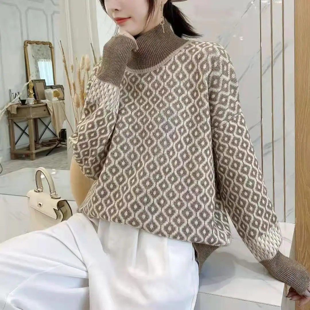

Women's Retro High Neck Sweater Pullover Korean Version Thickened And Loose In Winter Wearing Slim Sweater Top Female Pullovers