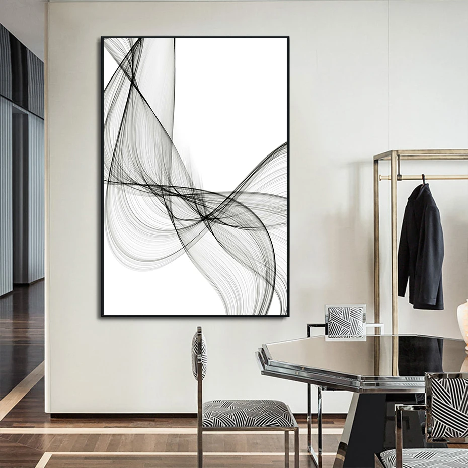

Black and White Abstract Wavy Lines Pattern Canvas Painting Geometric Poster Print Wall Art Pictures for Living Room Home Decor
